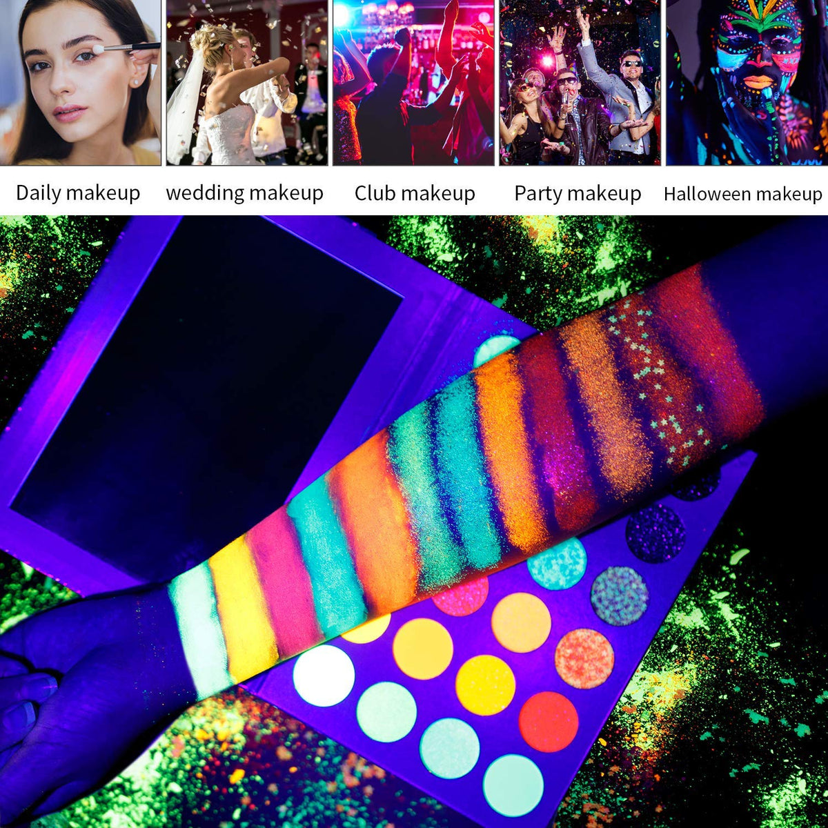 DE'LANCI Neon Eyeshadow Palette Glow in the Dark, Aurora Glow Eyeshadow Pallets Stage, Halloween Christmas Makeup Kit UV Blacklight Matte and Glitter Fluorescen