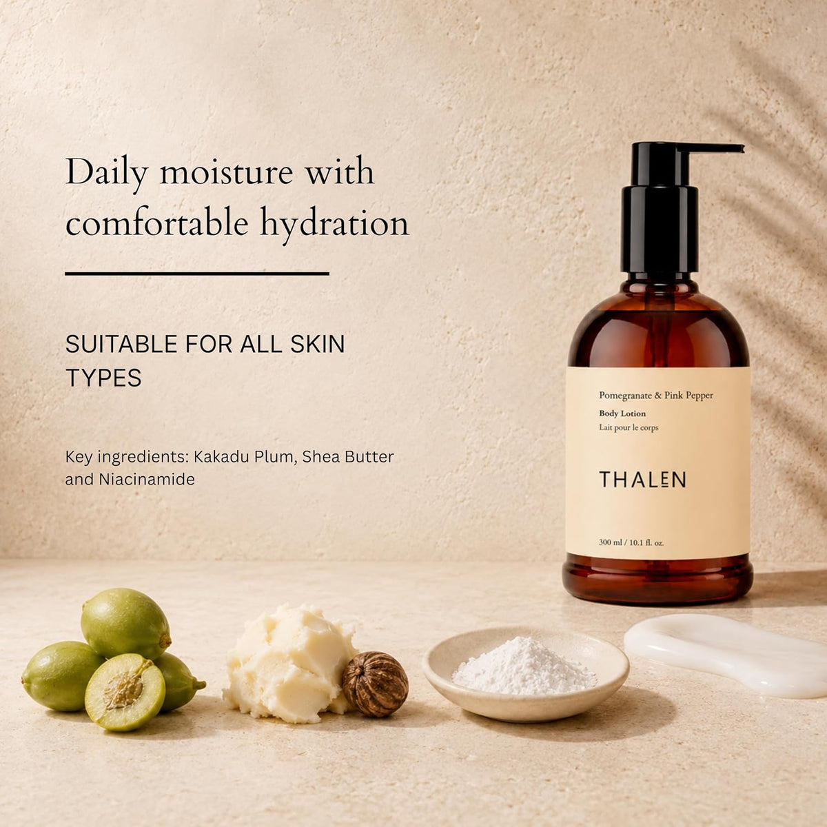 Thalen Pomegranate & Pink Pepper Body Lotion with Niacinamide, Kakadu Plum & Shea Butter, Daily Moisturiser for All Skin Types, Vegan, 300 ml