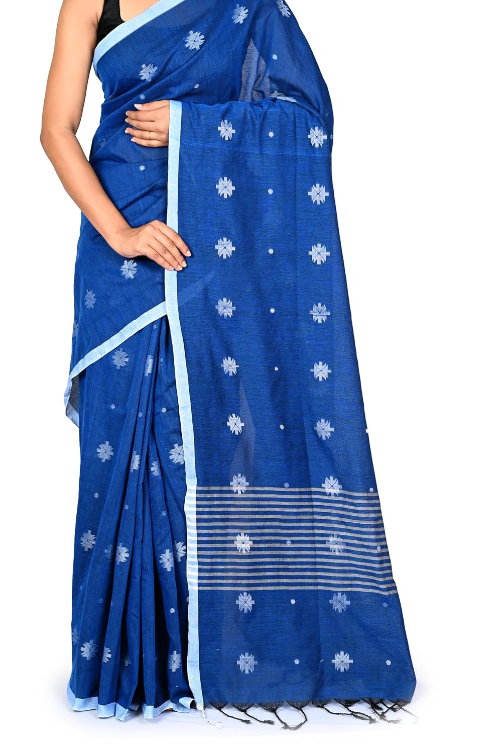 Women's Cotton Blend Handloom Khadi Saree with Unstitched Blouse Piece | 5.5 Meter Saree + 0.8 Meter Blouse Piece | Traditional Bengali Handloom Wear blue