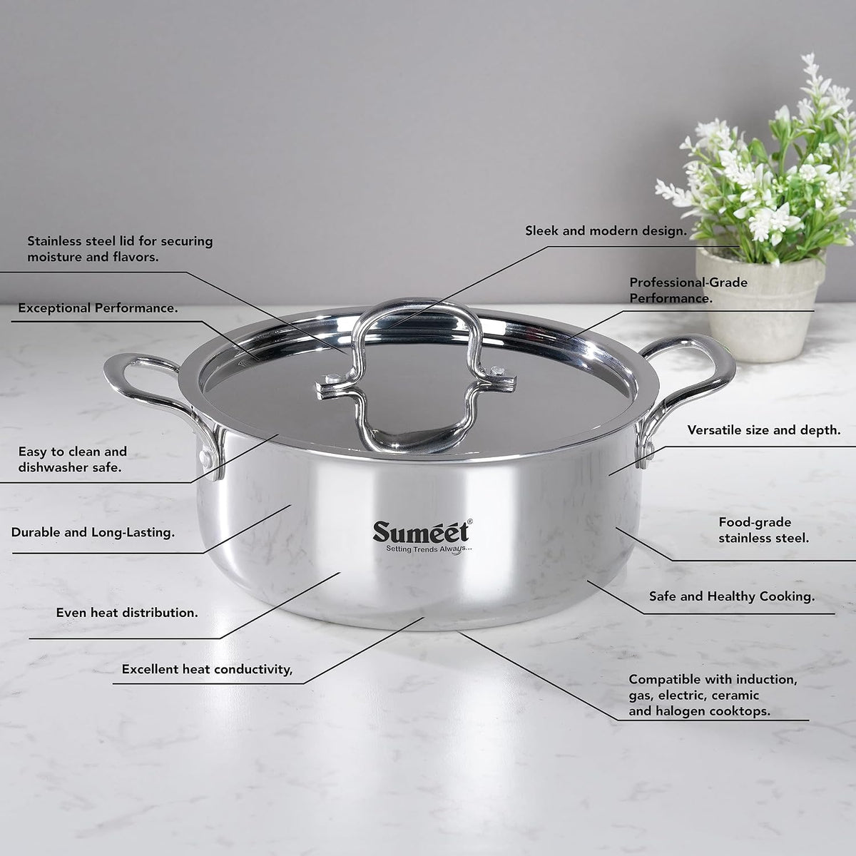 Sumeet Cook Smart TriPly Steel-Aluminium-Steel - 3 Layers Casserole/Biryani Pot/Stock Pot with S.S. Lid- 6.3Ltr - 28Cm- Silver 6.3 l Steainless Steel Lid