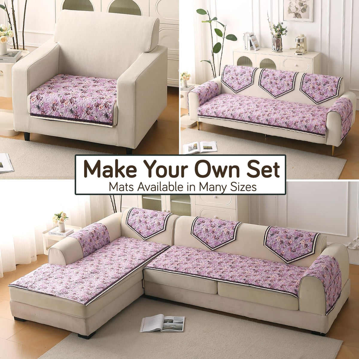 HOKIPO Florentina Sofa Cover Mat 4 Seater 220 cm, Peony Lavender Peony Lavender Mat - 1 Pc Seat - 220 cm