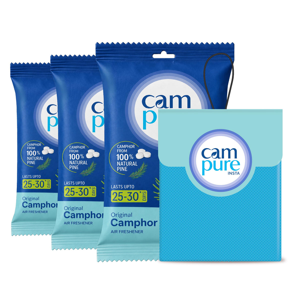 CamPure Camphor Insta Pouch Pack Of 3-100% Organic | Air Freshener For Car, Wardrobe, Office Cabin's, Drawers, Travel Bag & Bathroom
