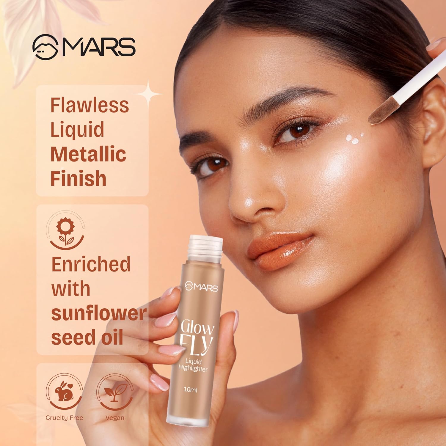 MARS Glow Fly Liquid Highlighter (10 ml) (02-WINGED CHAMPAGNE) | Enriched With Sunflower Seed Oil | Radiant Glow | No Chunky Particles | Light-Weight & Long-Lasting | Ultra Blendable Formula