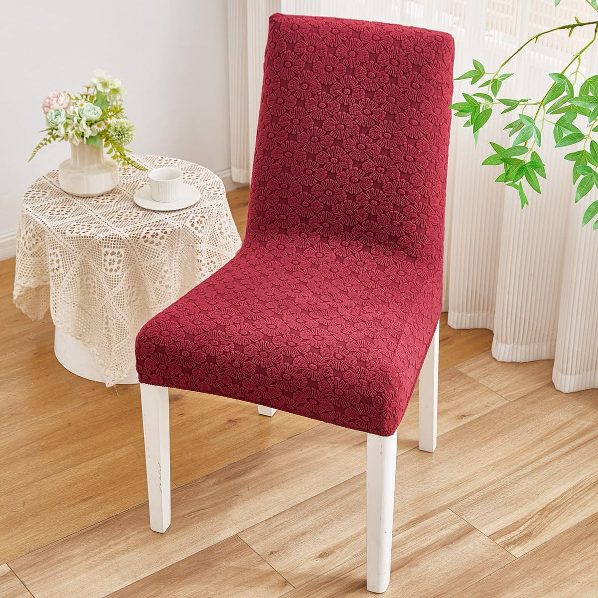 HOMETHREADS Elastic Jacquard Chair Cover Stretch Removable Washable Short Dining Chair Cover Protector Seat Slipcover (D_Maroon, Pack of 1) D_Maroon Pack of 1