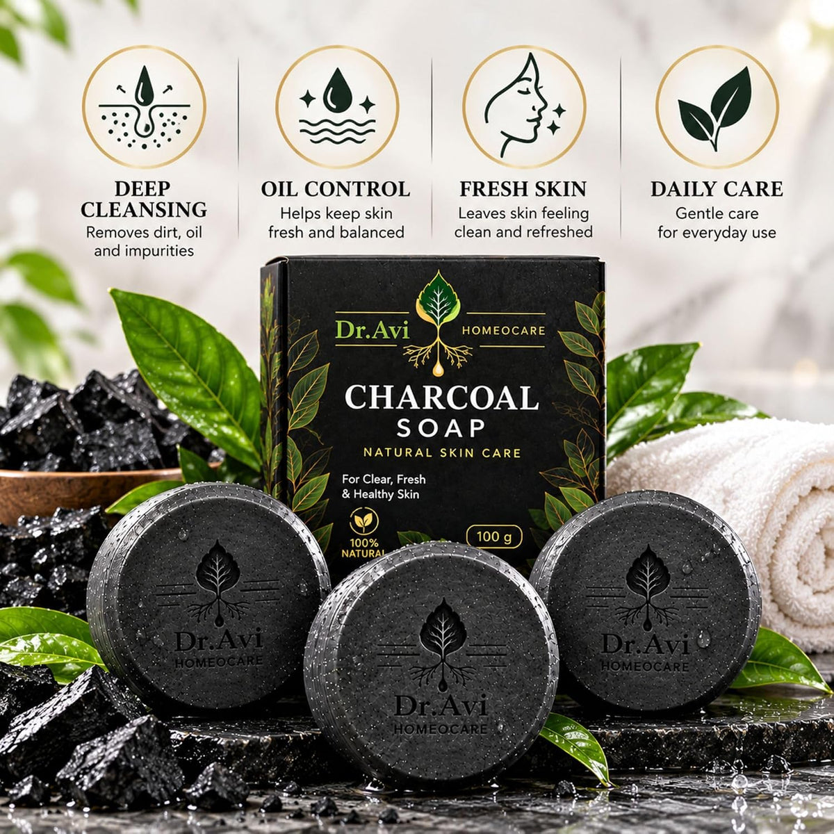 Dr. Avi Activated Charcoal Soap for Face & Body | Oil Control | 3 Bars Pack