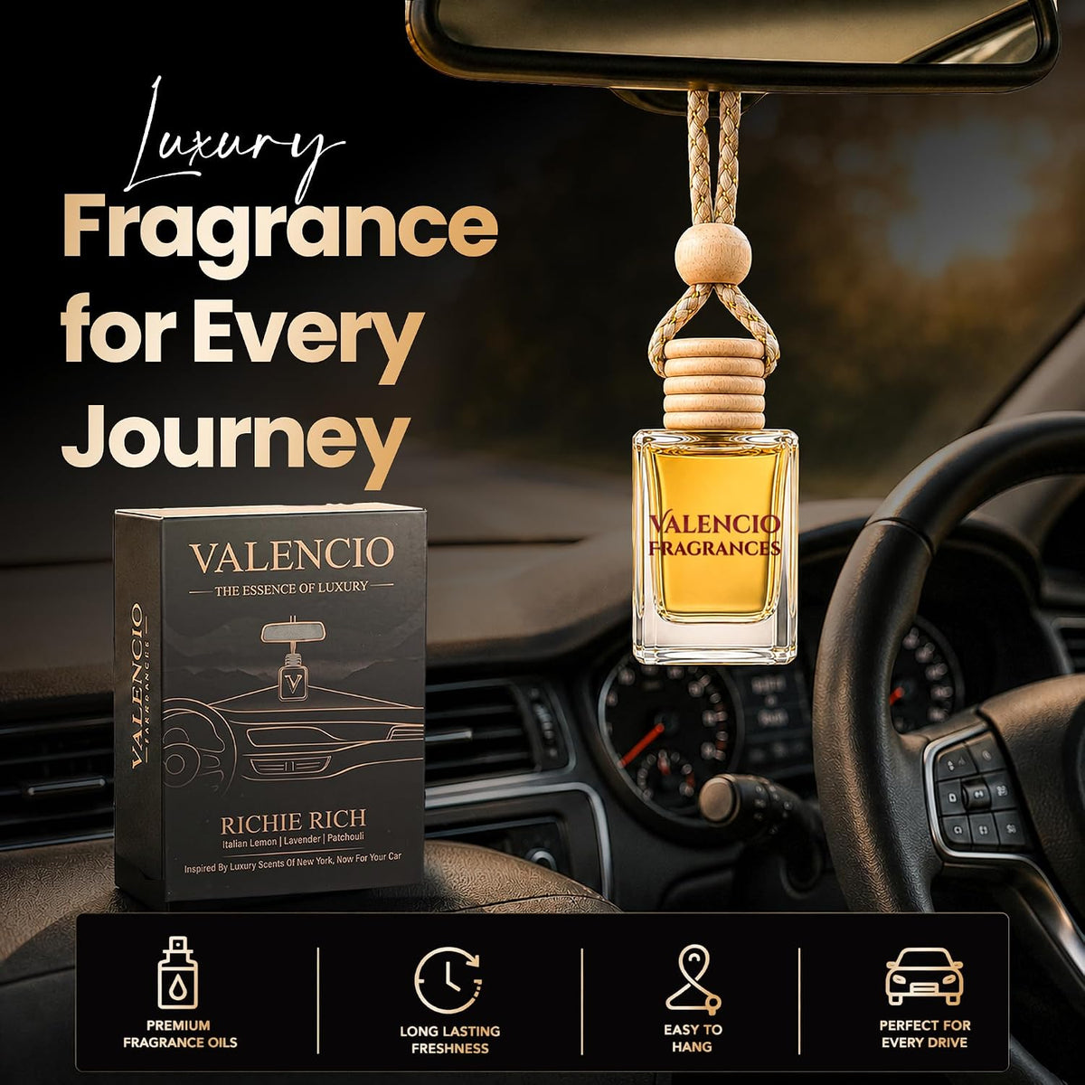 Valencio Luxury Car Perfume Richie Rich – Italian Lemon Hanging Diffuser | Fragrance Inspired by Luxury Body Perfumes | Natural Essential Oils | Long-Lasting Fr
