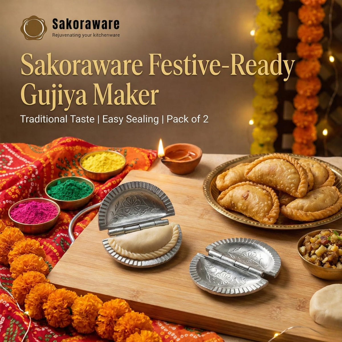 Sakoraware Aluminium Gujiya/Gujia Karanji Maker| karjikai Mould Cutter Sacha Machine, Kitchen Mold for Holi Festivals (Set of 2) with Herbal Gulal oraganic Holi