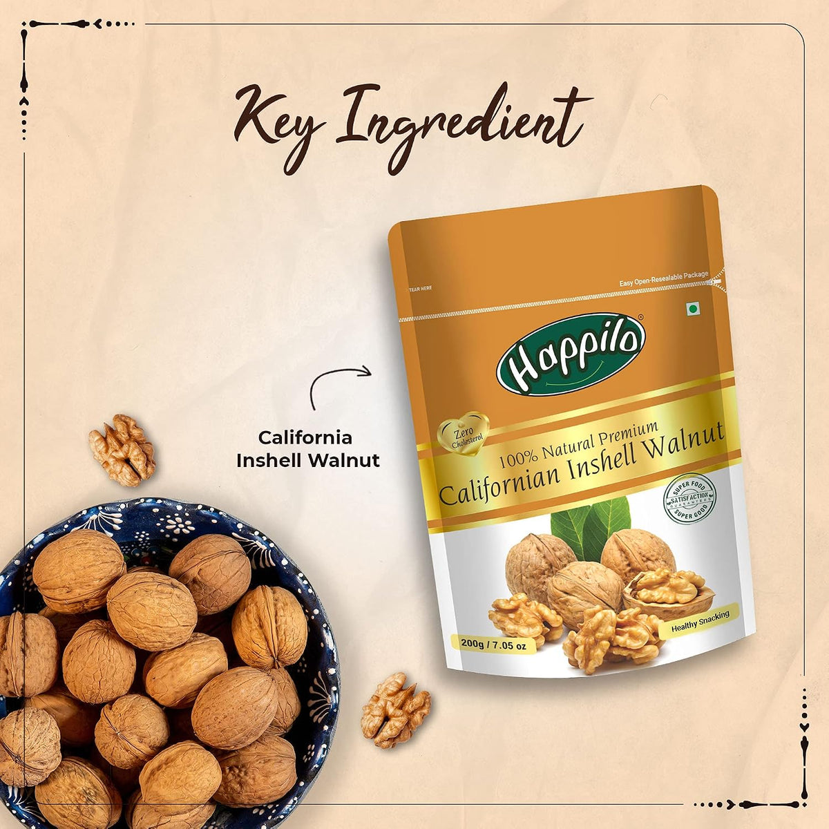 Happilo 100% Natural Premium Californian Almonds,Dried,200g & Natural Premium Californian Inshell Dried Walnuts, 200g