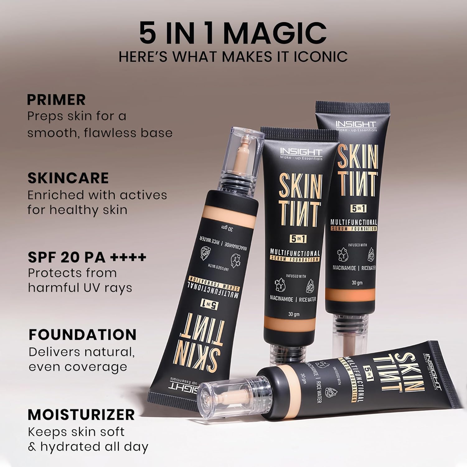 INSIGHT Skin Tint 5-in-1 Serum Foundation (30g) | SPF 20 PA++++ | Lightweight, Hydrating & Brightening with Niacinamide & Rice Water | Primer, Moisturizer & Sunscreen in One | For All Skin Types - Shade: Cappucino