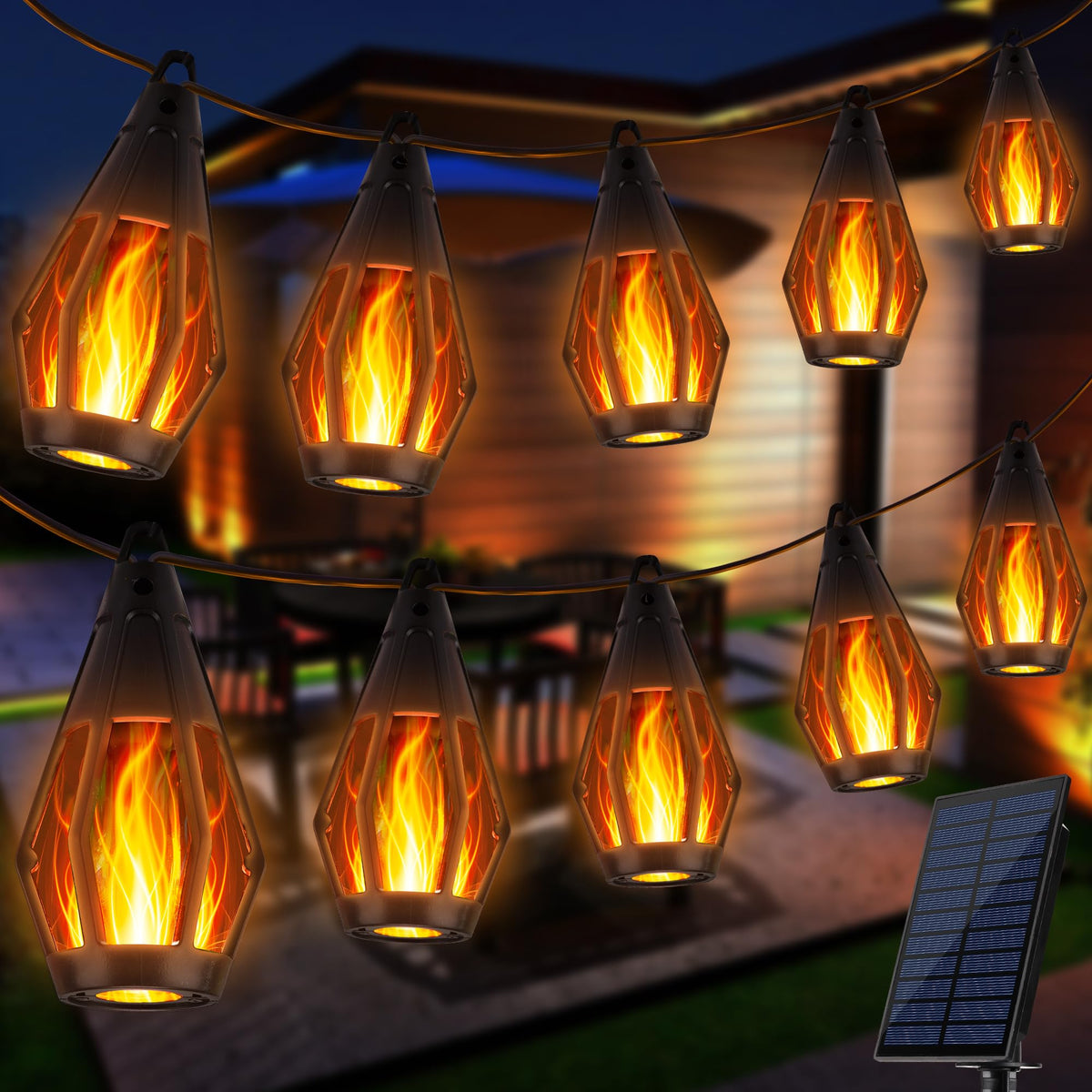 iBaycon Solar Halloween Lights, 27Ft 10 LED Bulbs Flickering Flame String Light, Outdoor Waterproof Solar Flame Lights for Garden Yard Patio Halloween Decoratio