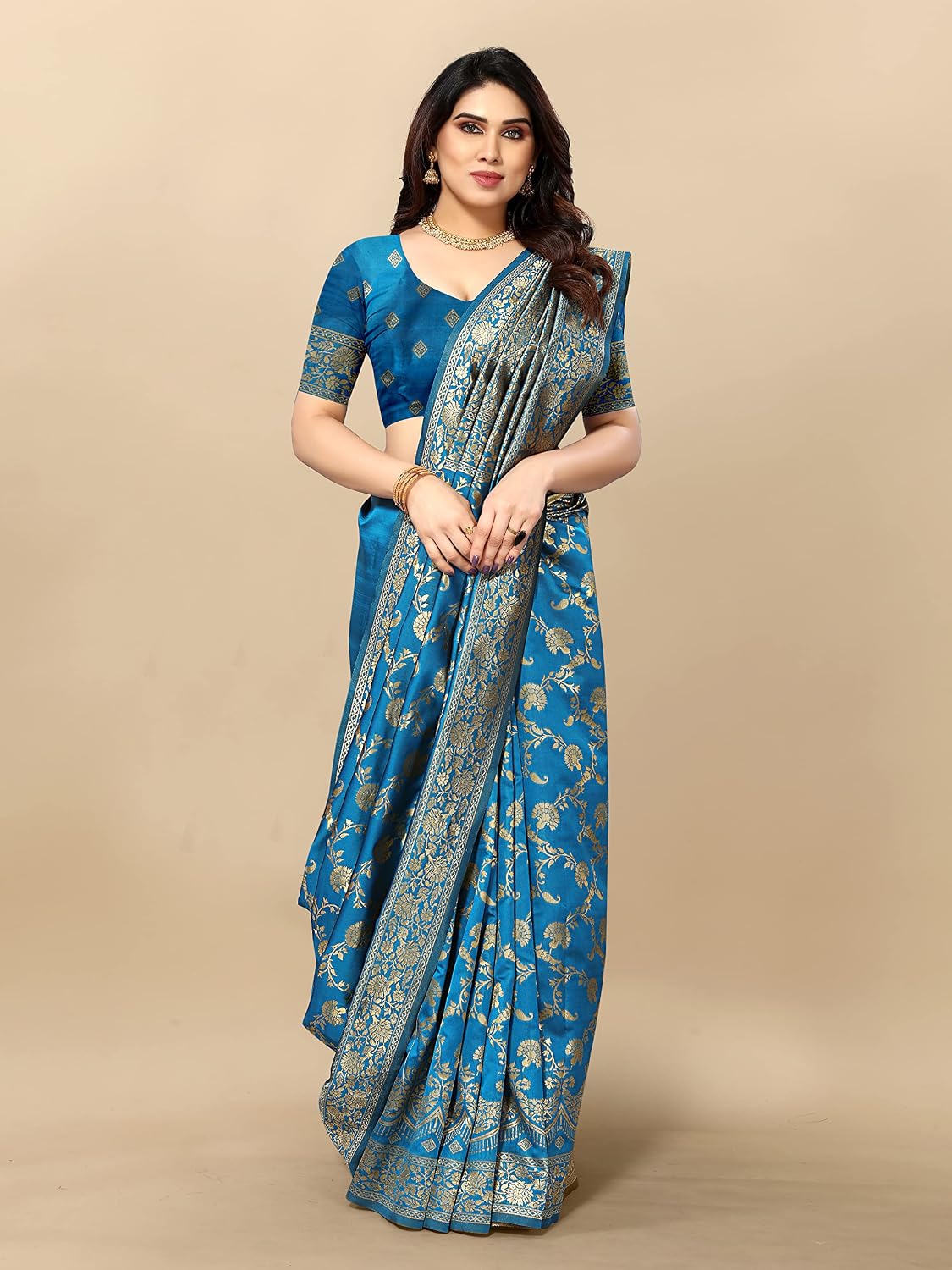 Sidhidata Women's Kanjivaram Banarasi Jacquard Silk Saree With Blouse Piece (Free Size) Sky Blue