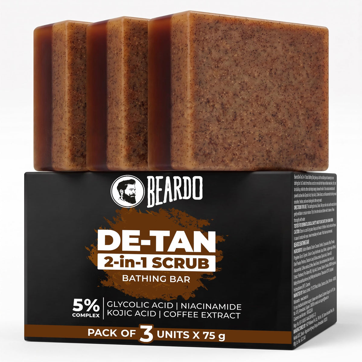 Beardo De-Tan 2-in-1 Scrub Bathing Bar for Men (75g X 3) | Dual Action Cleansing & Exfoliation | Niacinamide, Kojic Acid, Glycolic Acid & Coffee Extracts | Help
