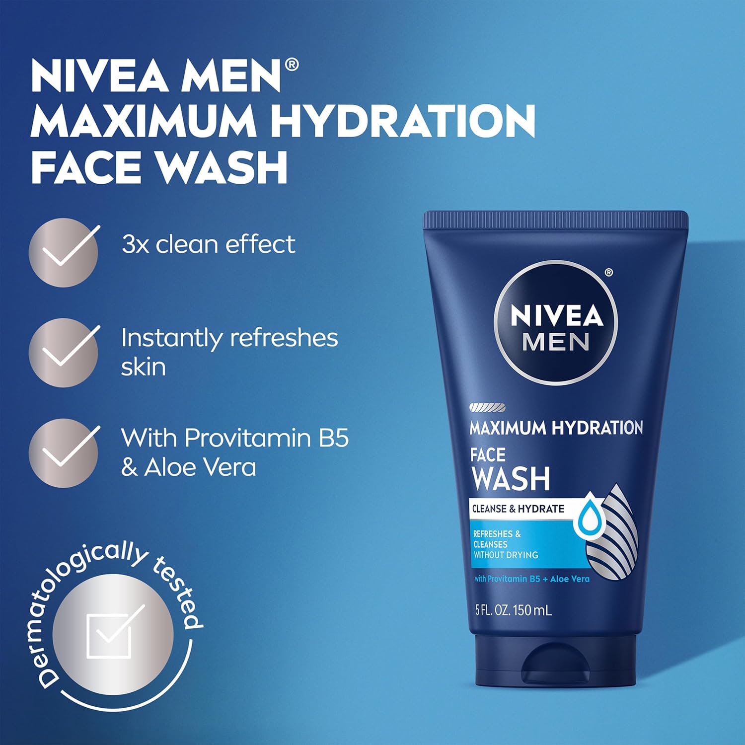 NIVEA MEN Maximum Hydration Face Wash, Face Wash with Provitamin B5 and Aloe Vera, Refreshes and Cleanses without Drying, 5 Fl Oz Tube