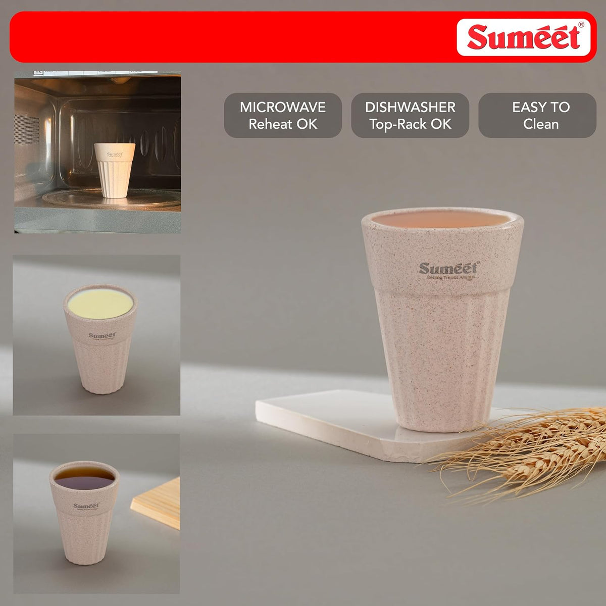 Sumeet eco-Friendly Cutting chai Cups, 200 ml, Set of 4, Ivory – Rice Husk & Bamboo Fiber Build, Strong, Reusable, Microwave & Dishwasher Safe, Ideal for Tea, C