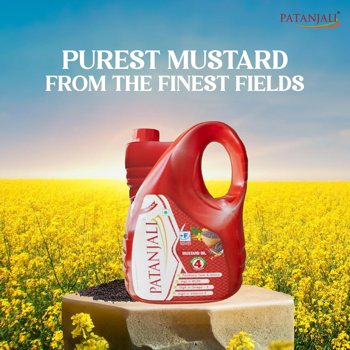Patanjali Kachi Ghani Mustard Oil 5L - Cold Pressed Sarson Ka Tel Edible Cooking Oil | Suitable for Tempering Frying & Pickling | 100% Vegetarian | No Additives