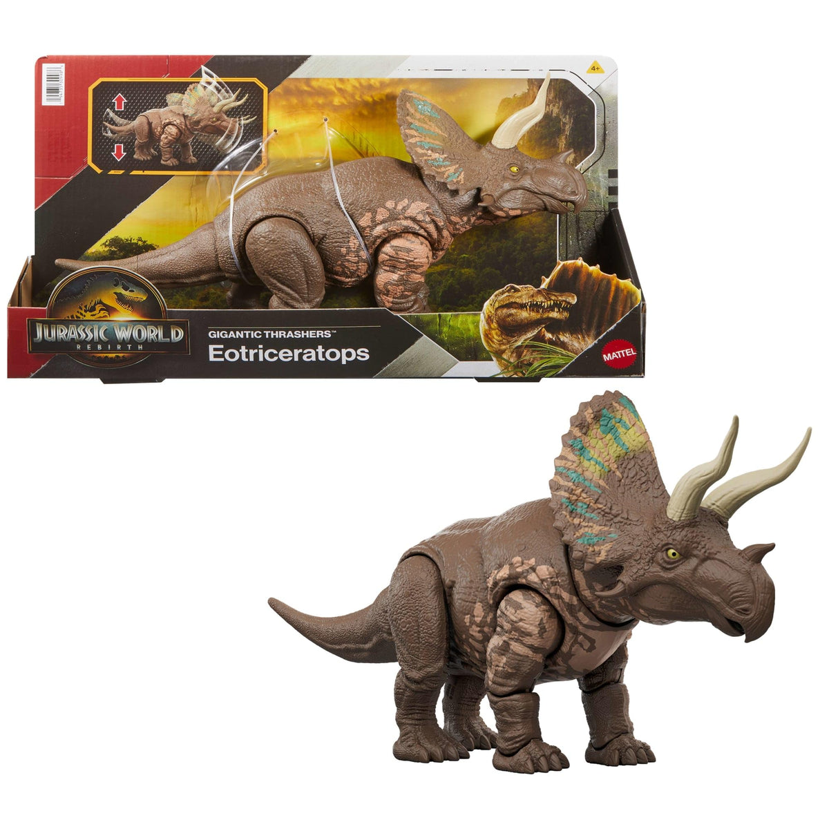 Mattel Jurassic World: The Rebirth Gigantic Thrashers Eotriceratops Dinosaur Toy Figure, Large Dinosaur Species with Two Accitable Anger Attacks, Digital Game,