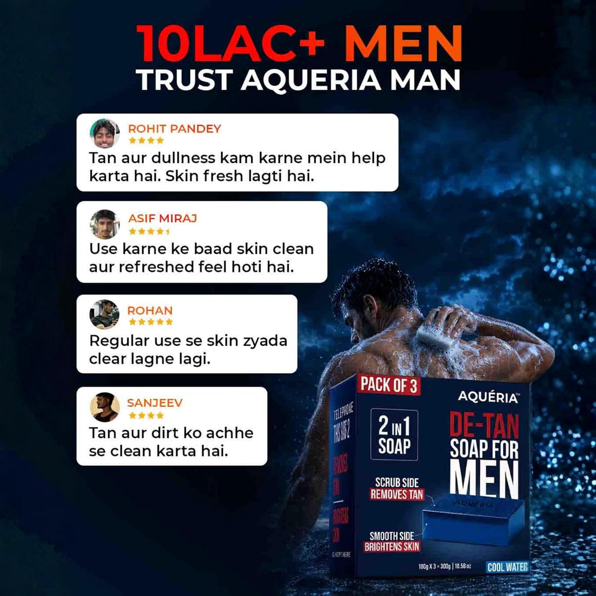 Aqueria De-Tan & Brightening 2-in-1 Bath Soap for Men | Cool water perfume | Tan Removal, Skin Brightening & Gentle Exfoliation | Dual-Sided Scrub & Smooth Soap