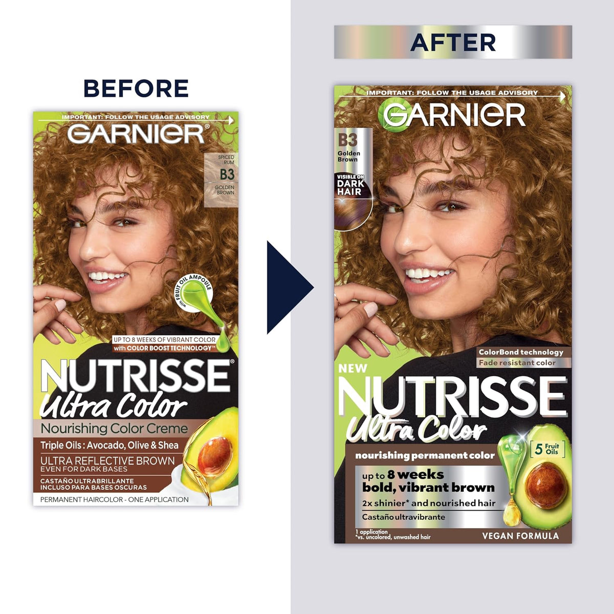 Garnier Nutrisse Ultra Color Nourishing Permanent Hair Color Cream, B3 Golden Brown (1 Kit) Brown Hair Dye (Packaging May Vary), Pack of 1 brown 1 count (Pack o