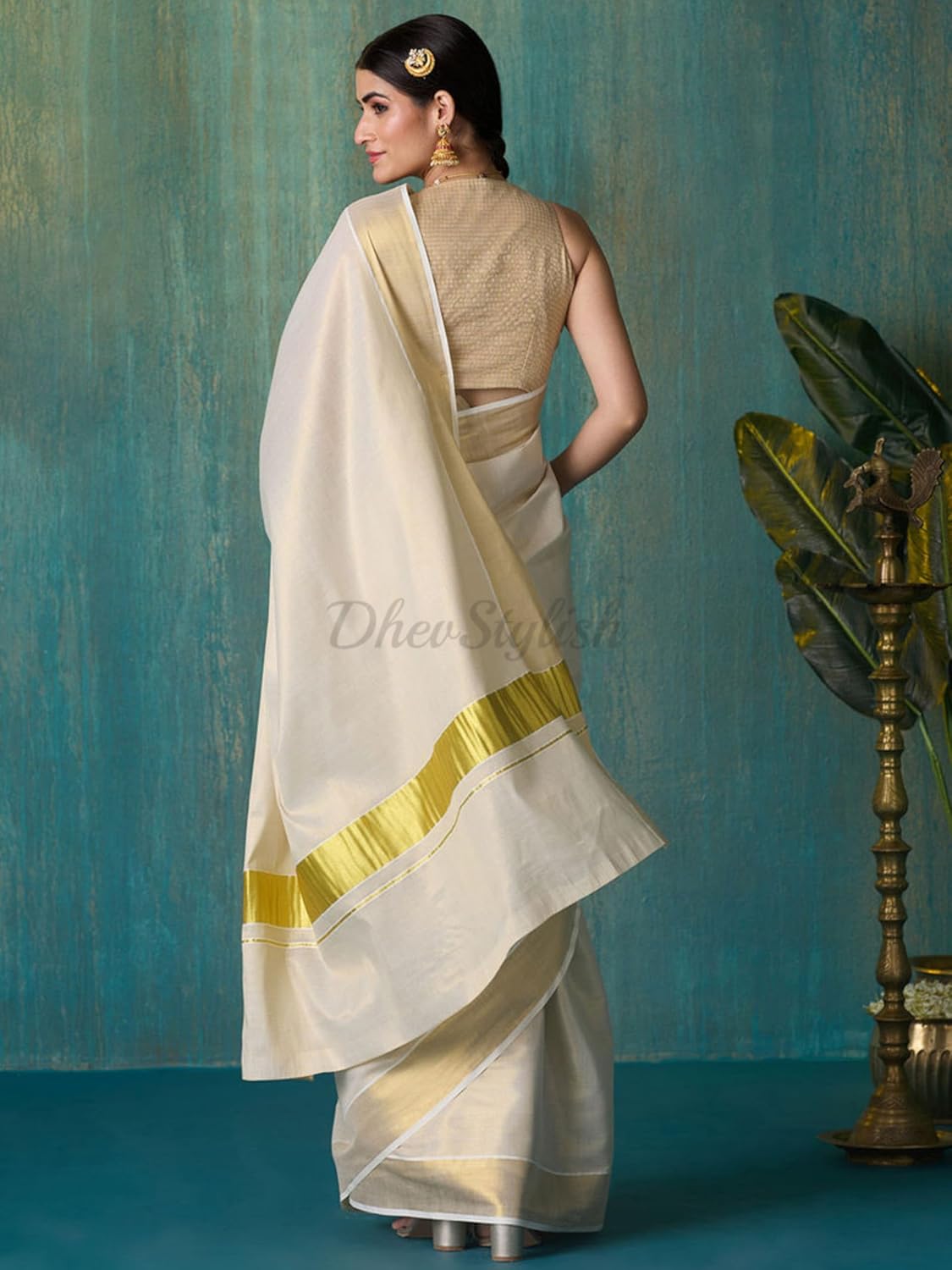 Women's Kerala Kasavu Golden Tissue Plain Saree with Running Blouse | 6.25 Meters, Gold, Gold, 6.25 Mtrs with Running Blouse