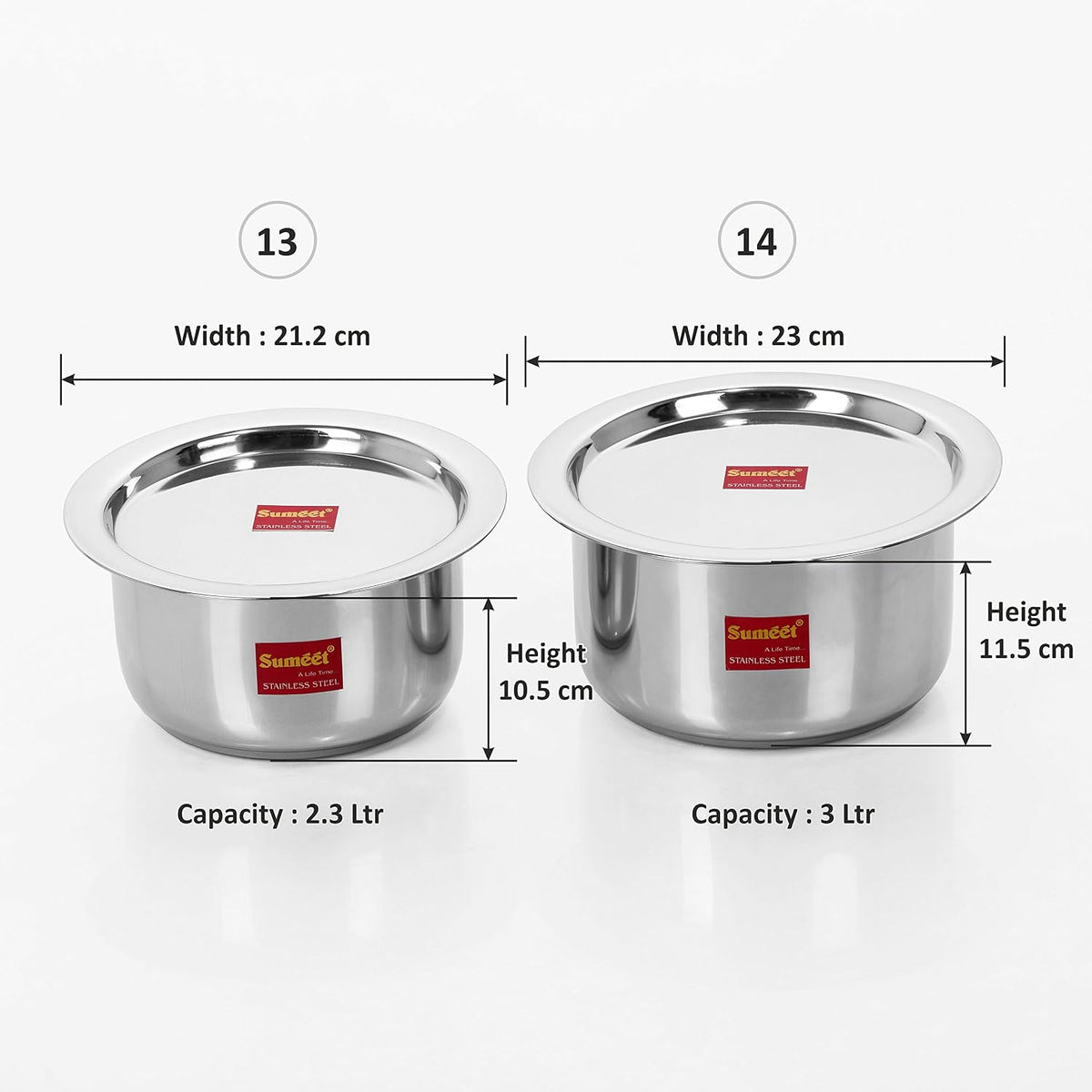 Sumeet 2 Pcs Stainless Steel Induction & Gas Stove Friendly Container Set/Tope/Cookware Set with Lids - Size No.13 & No.14 2.3L