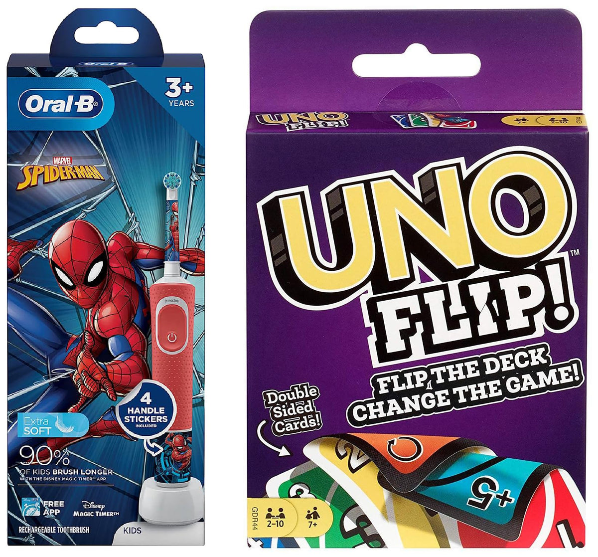Mattel Games Uno Flip Side Card Game, Multi Color Oral B Kids Electric Rechargeable Toothbrush, Featuring Spider Man, Extra Soft Bristles (Age 3+,Multicolor)