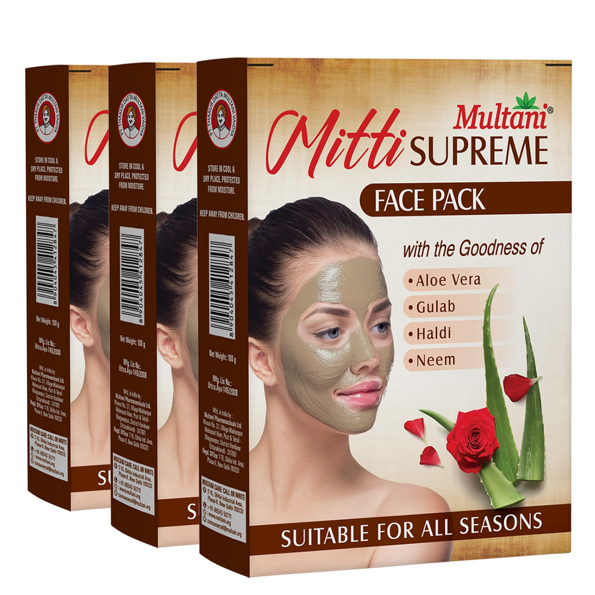 Multani Mitti Supreme Face (Pack of 3 (100gm each) | With Goodness Of Aloe Vera, Gulab, Haldi & Neem | Useful in Removing Acne,Tan & Pimples | For Glowing Skin,