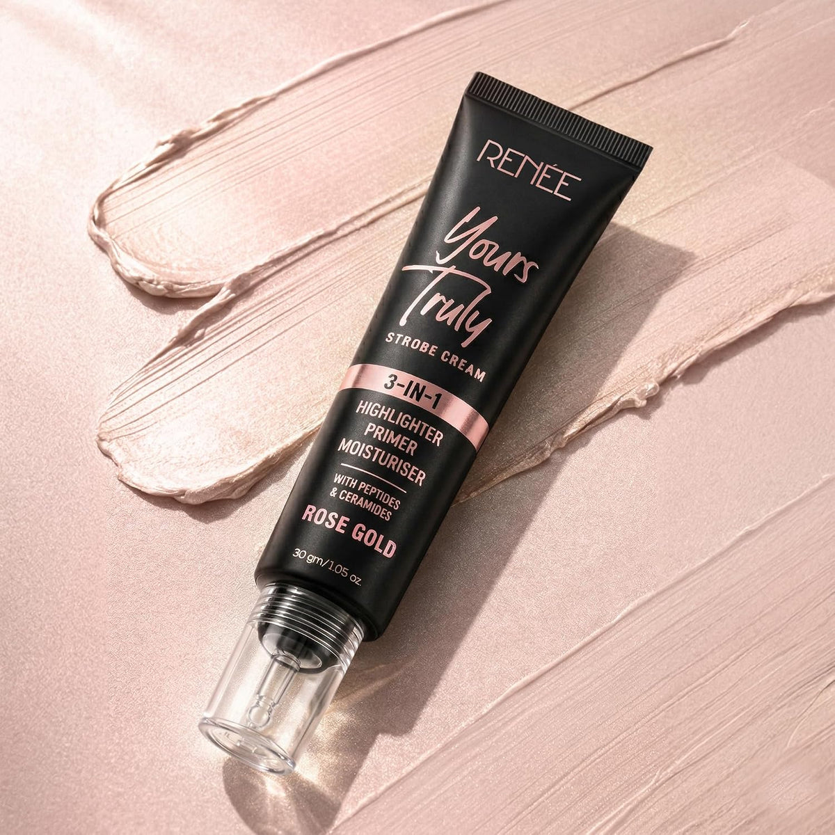 RENEE Yours Truly Strobe Cream for Face | 3 in 1 Highlighter Primer Moisturiser | Glow Cream, Lightweight, Non Sticky | Hydrating Dewy Skin Finish With Peptides