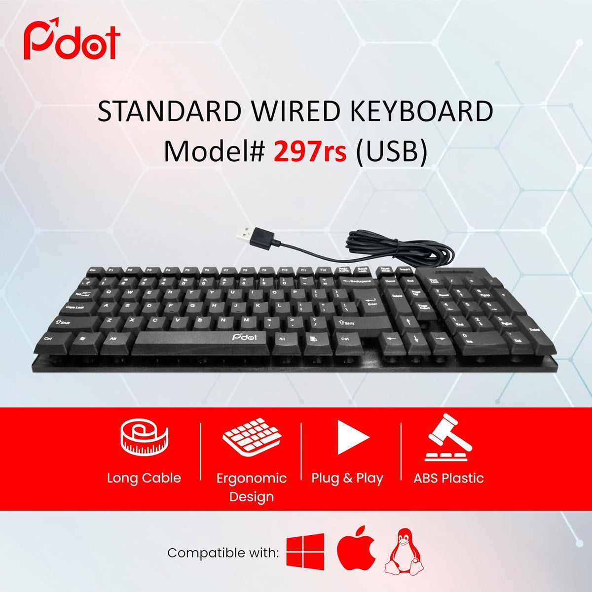 P-Dot USB Wired Keyboard Floated Key I Plug & Play Technology I 103-Keys I Rupees Key I 1.2m Wired I Spill Resistant Design I Compatible with Windows, iOS, Linu