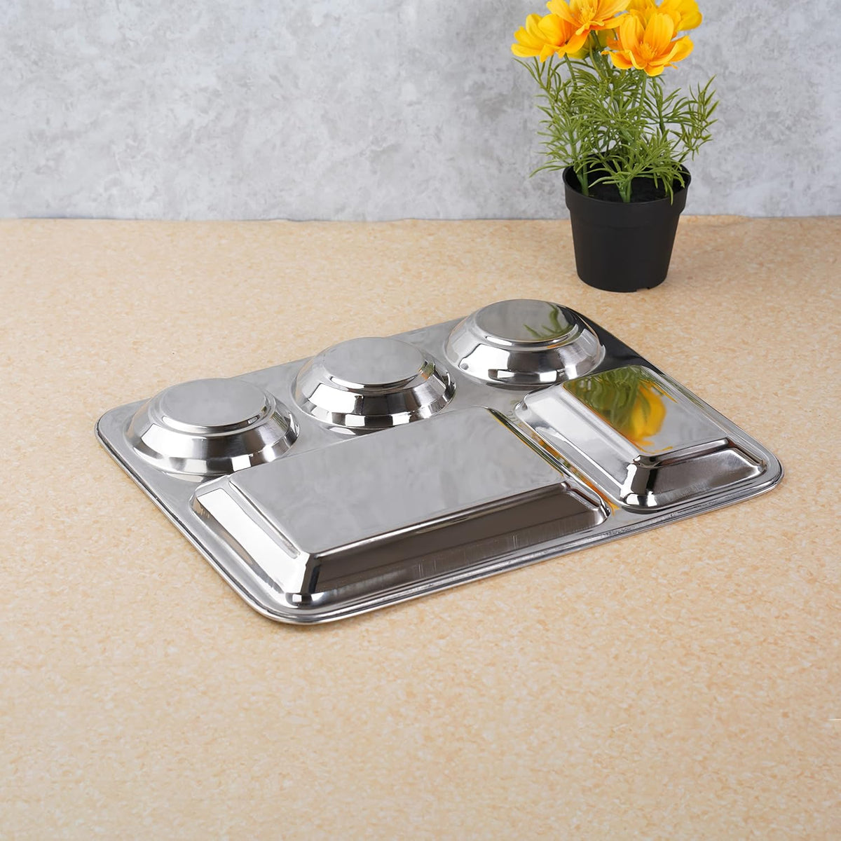 Sumeet Stainless Steel Rectangular 5 in 1 Compartment Lunch/Dinner Plate 1Pc, 37.4cm Dia, Silver BIG 1PC