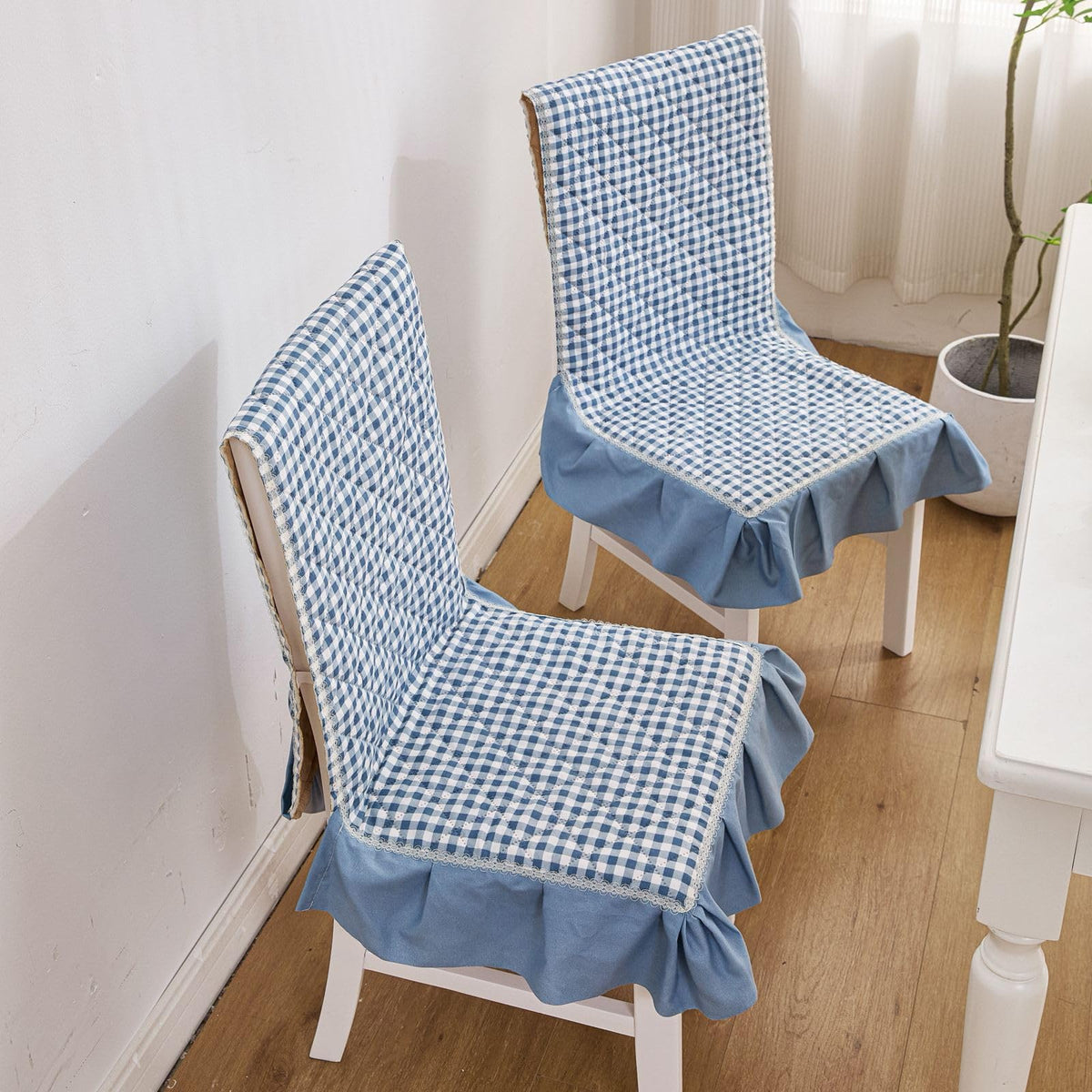 HOMETHREADS Vintage Style Cotton Chair Slipcover with Lace Frills, Breathable Quilted Dining Chair Protector Cover for Dining Table Chairs, Washable and Reusabl