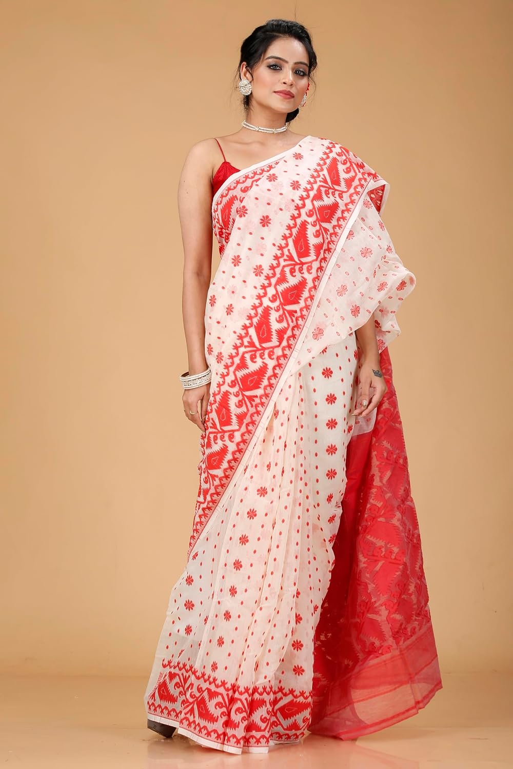 Women's Traditional Bengal Cotton Silk Soft Jamdani Saree - Beautiful design and Quality - Without Blouse Piece White Red
