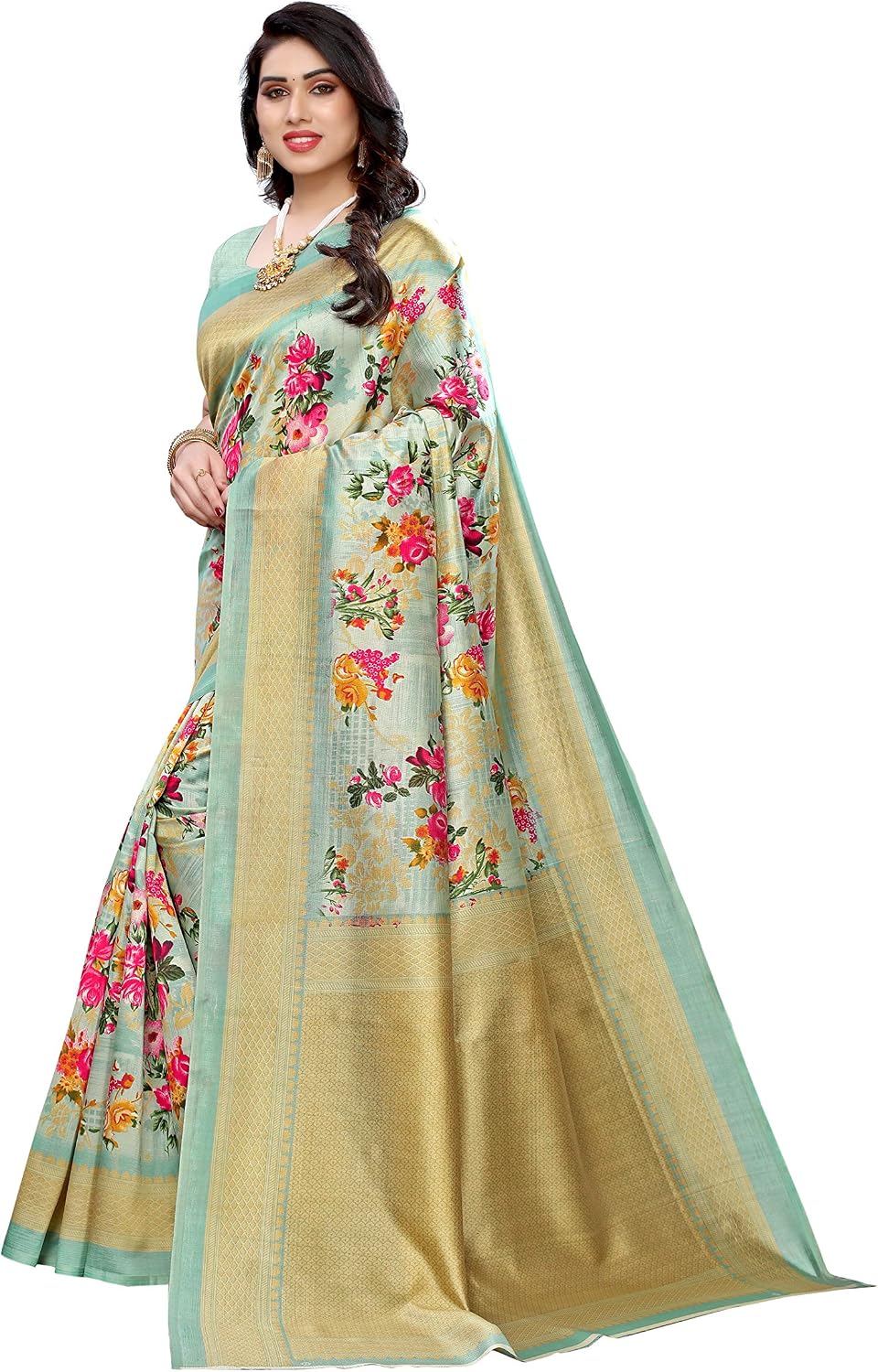 Yashika Women Art Silk Lace Printed Saree Free Size (AIR), Green, One Size