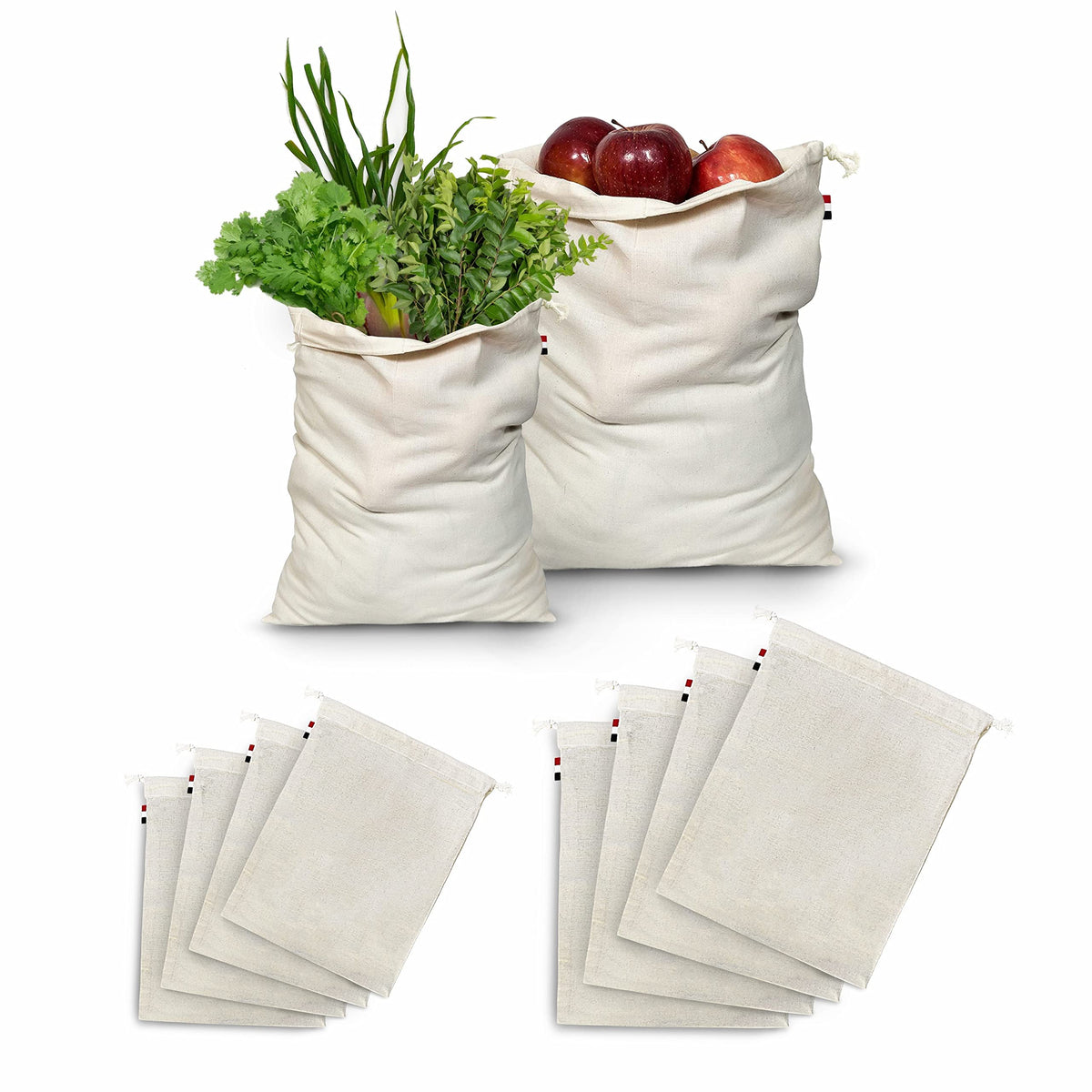 SOLSTICE Cotton Muslin Fridge Storage Bags for Vegetables and Fruits Kitchen | Washable, Reusable, Multipurpose Storage and Straining bags - Set of 10 ( 5 large