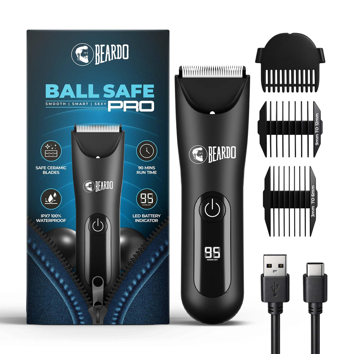 Beardo Ball Safe Pro Trimmer | Intimate Trimmer for Men | IPX7 Waterproof | Safe Ceramic Blades | 40mm T-Blade | 6000 RPM | 90 Min Runtime | Type-C Charging | F