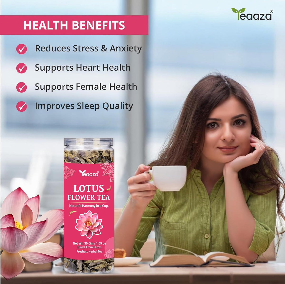Teaaza Lotus Flower Tea – 30g (60 Cups) | Herbal Caffeine-Free Detox Tea for Sleep & Relaxation | Reusable Pet Jar | Twice Steepable Lotus Flower 30 Gram