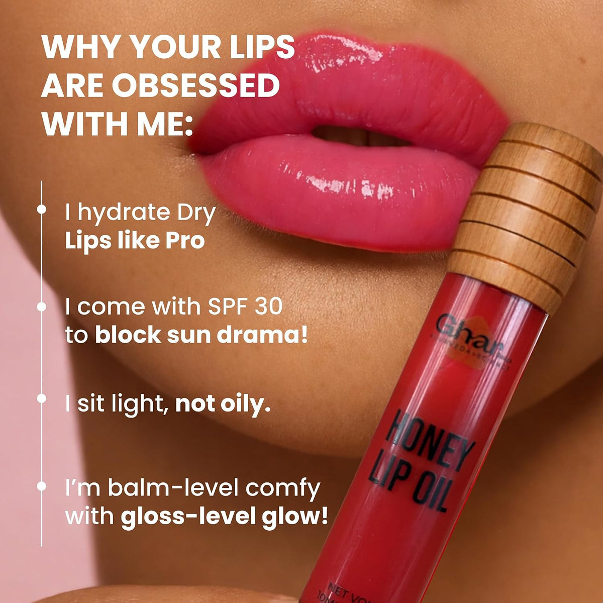 GHAR SOAPS Honey Lip Oil SPF 30 PA+ | Hydrating, Non-Sticky Gloss with Honey & Vitamin E (10 ml, Kiss Me Babe)