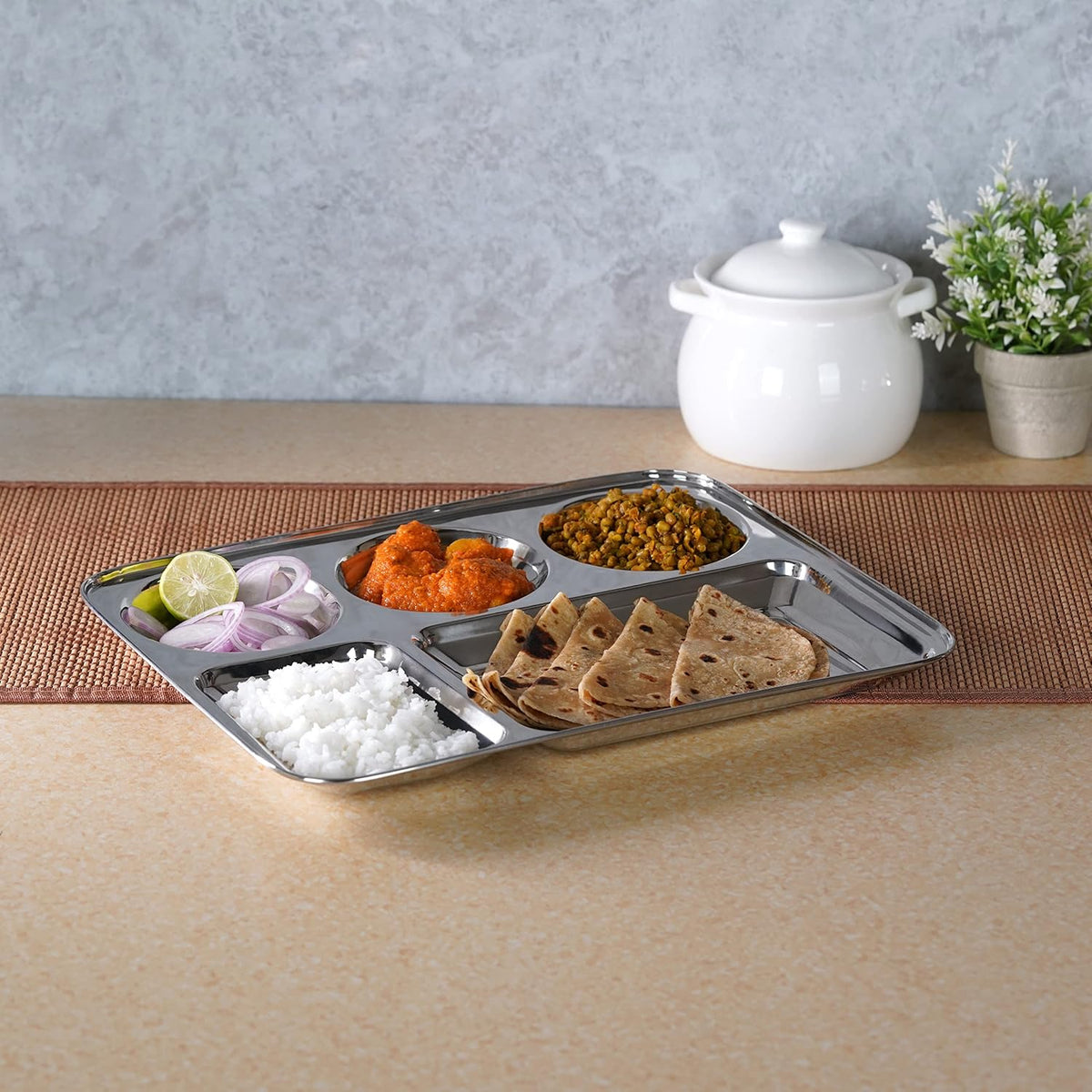 Sumeet Stainless Steel Rectangular 5 in 1 Compartment Lunch/Dinner Plate 1Pc, 37.4cm Dia, Silver BIG 1PC