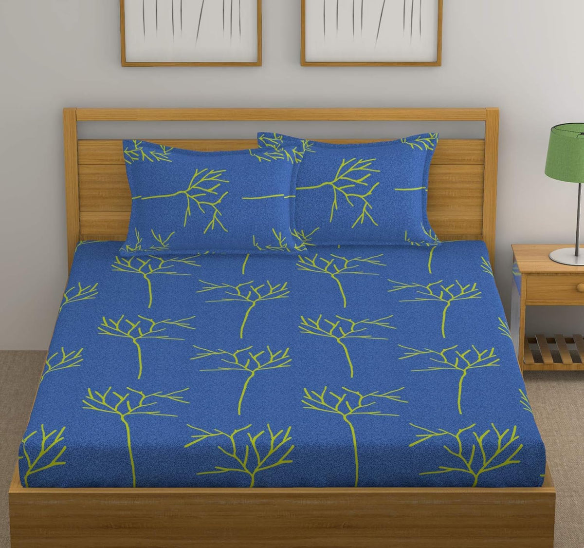 Huesland by Ahmedabad Cotton 144 TC Cotton Bedsheet for Double Bed with 2 Pillow Covers - Blue and Green Blue Double Floral