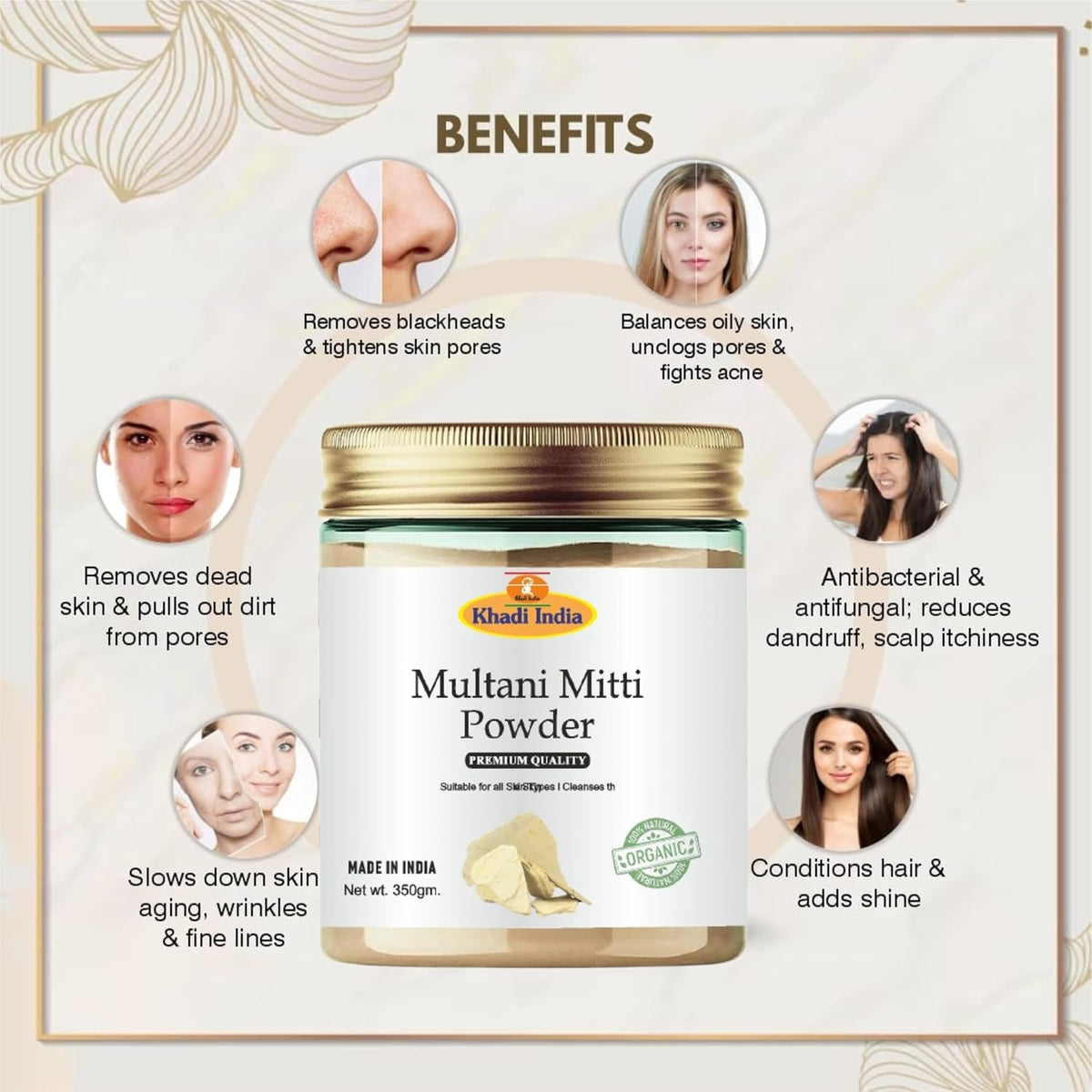 Khadi 100% Pure & Organic Multani Mitti Powder – Natural Clay for Deep Cleansing, Oil Control & Glowing Skin – Face & Hair Pack – 350g
