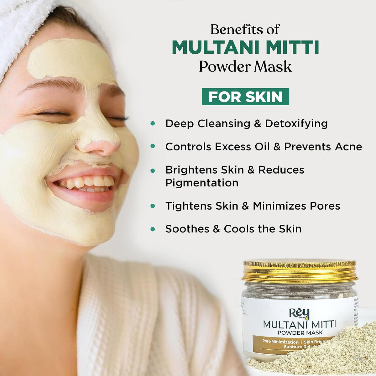 Rey Naturals Multani Mitti For Face - 200gm | Multani Mitti Powder For Face & Hair | Multani Mitti Face Mask For Pore Minimization | Detan Pack For Tan Removal