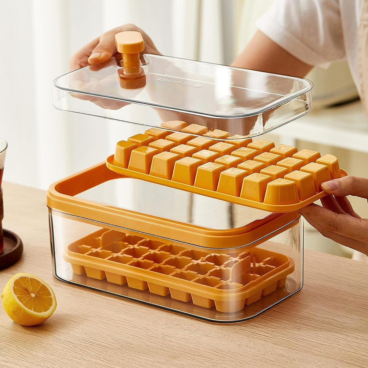 HOMETREADS 2 Layer Ice Cube Tray with Lid & Bin, Square Ice Cubes Molds with Ice Scoop, One Tap Easy Release & Save Space, BPA Free Ice Cube Storage Container 6