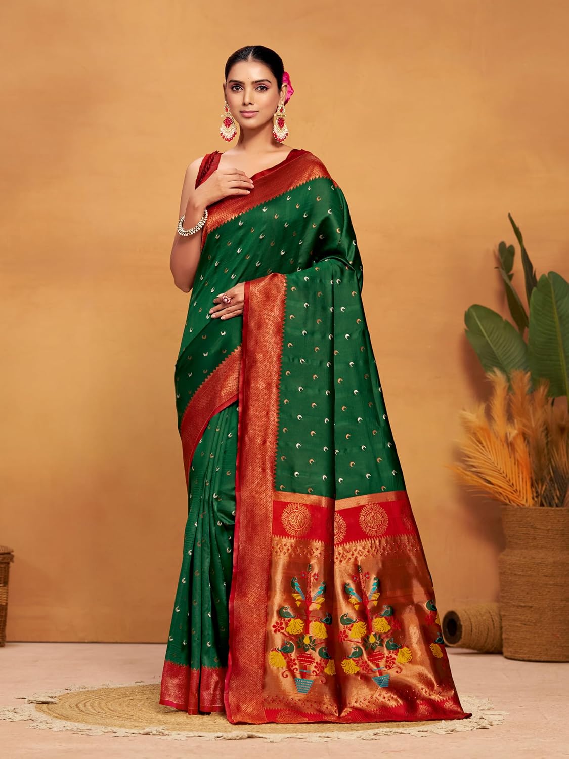 EthnicJunction Women's Silk Woven Paithani Saree With Blouse Piece Bottle Green
