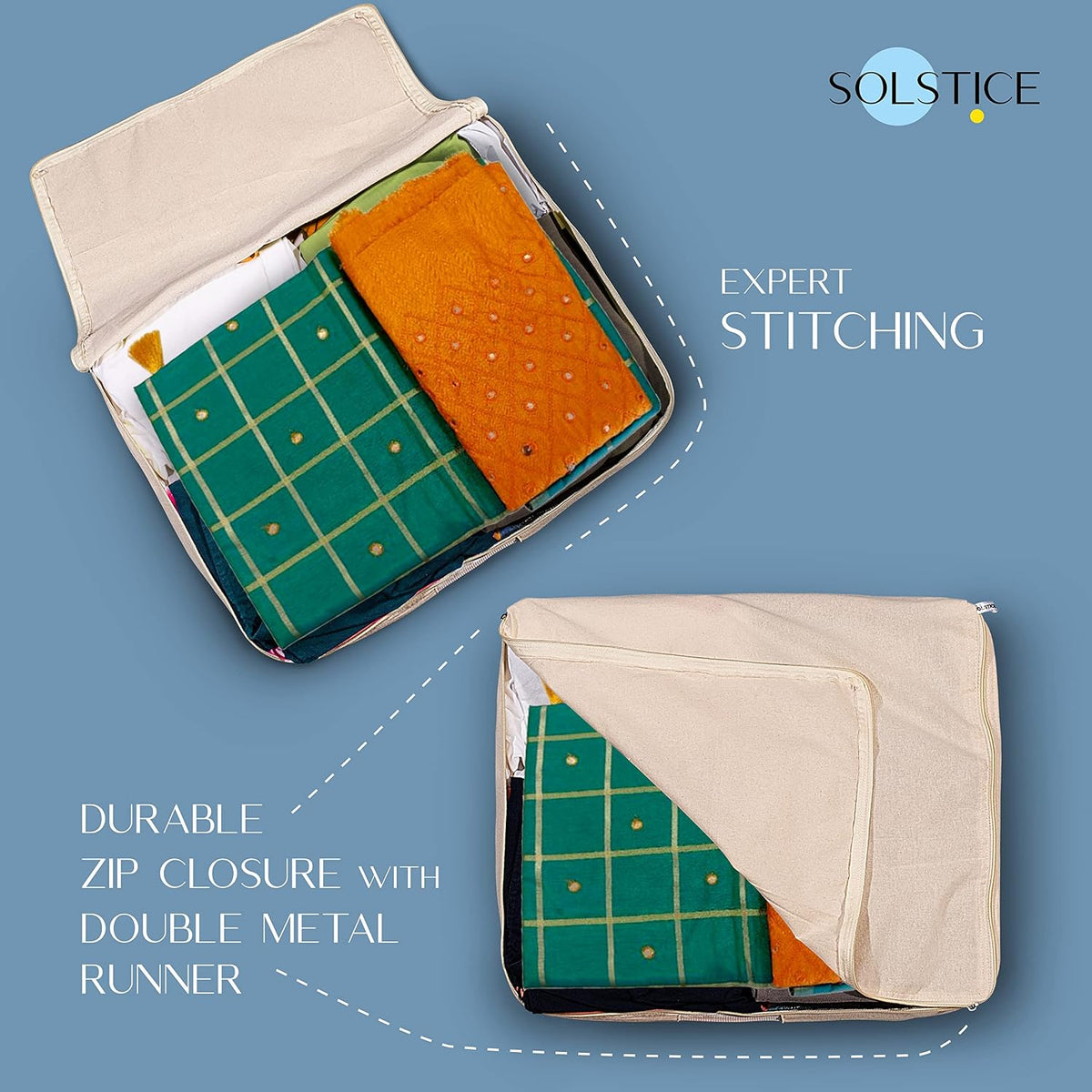 SOLSTICE Cotton Clothes Storage Box/Covers/Bags With Zip (18 X 16 X 4.5 Inch) As Wardrobe Organizer For Huge Silk Saree/Big Lehenga/Dresses/Shirts/Trousers/Gown