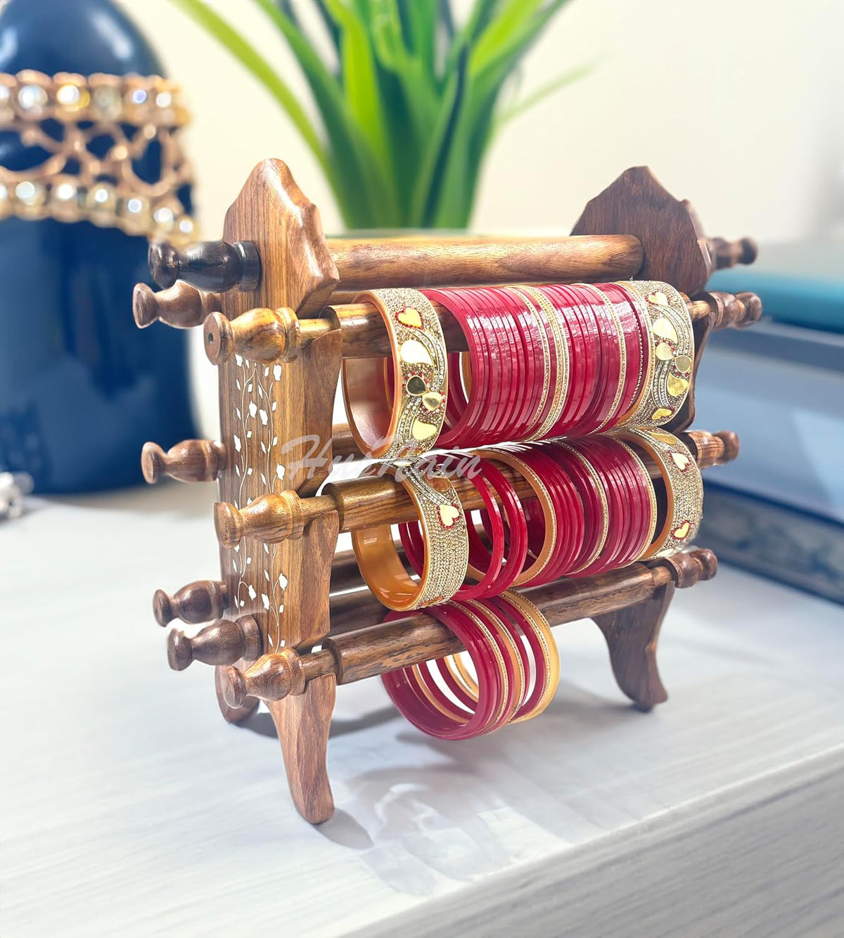 HusNain Wooden Sheesham Bangle Stand | Bangle organizer | Folding Chuddi Stand | Gift item for women | Bangle wardrobe Bangle Jewelry Holder Stand Display Organ