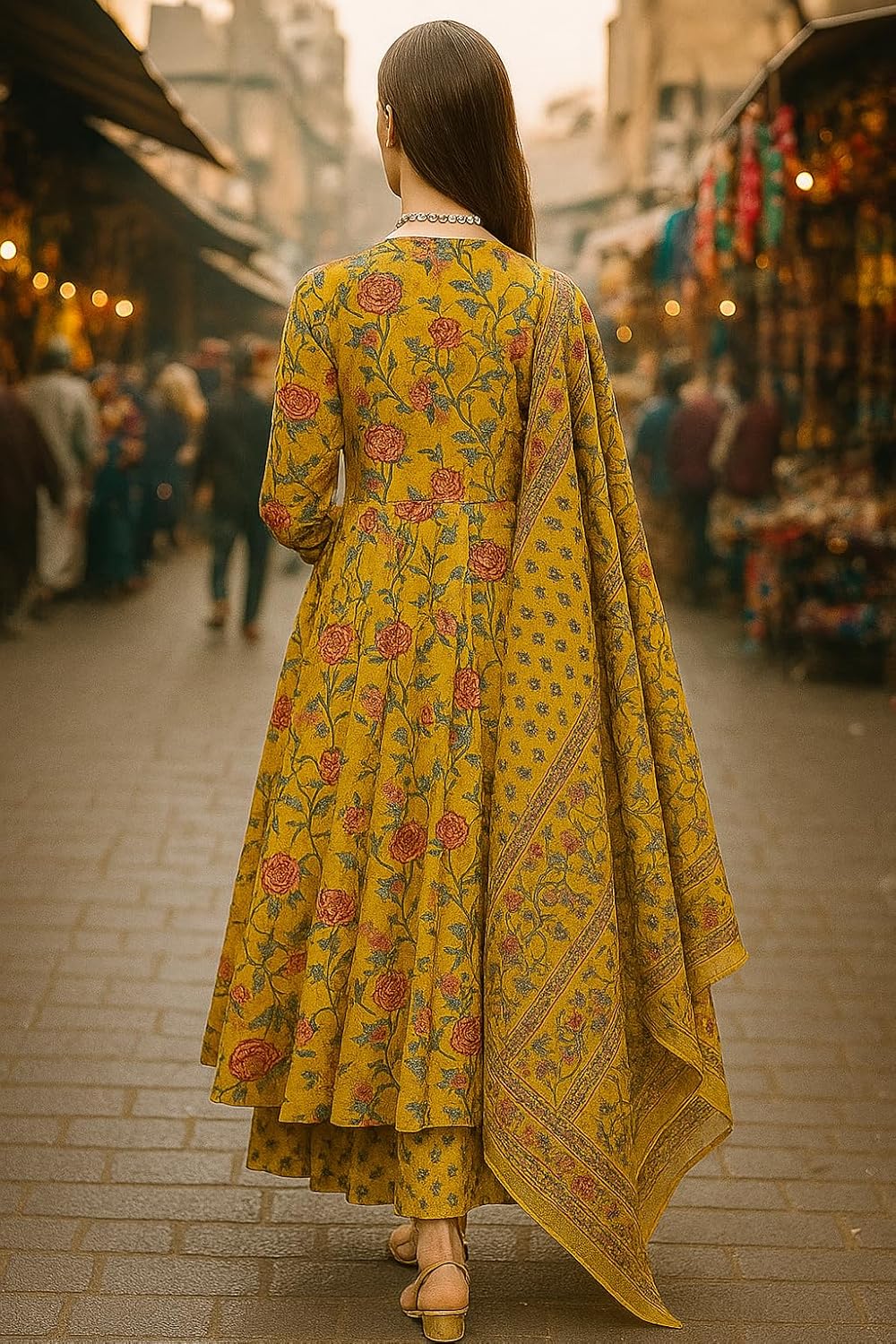 Yashika Floral Regular Womens Kurta Printed Cotton Blend Fabric with Trousers and Dupatta 40 Yellow