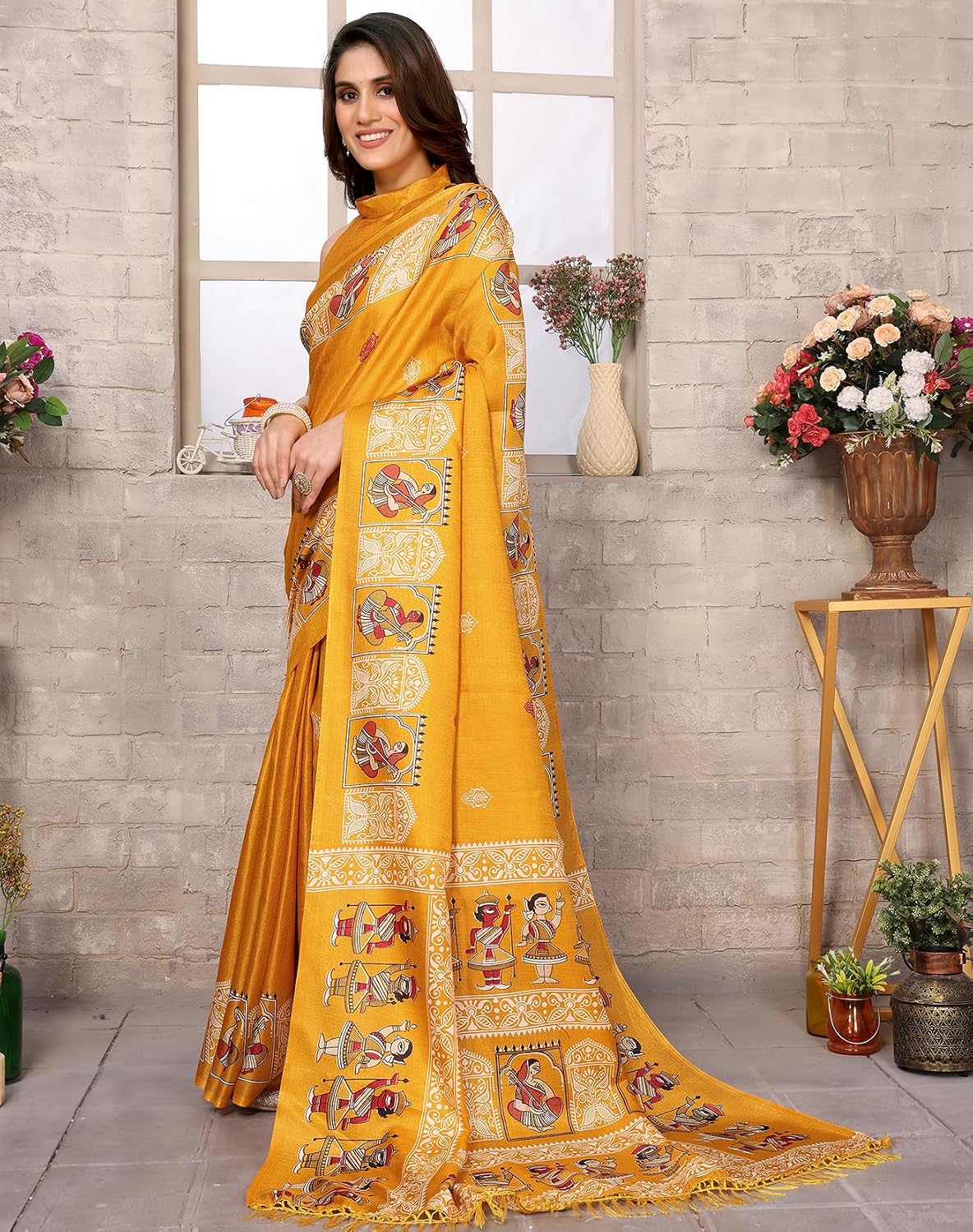 Yashika Womens Silk Pom Pom Woven Saree with Unstitched Blouse One Size Yellow