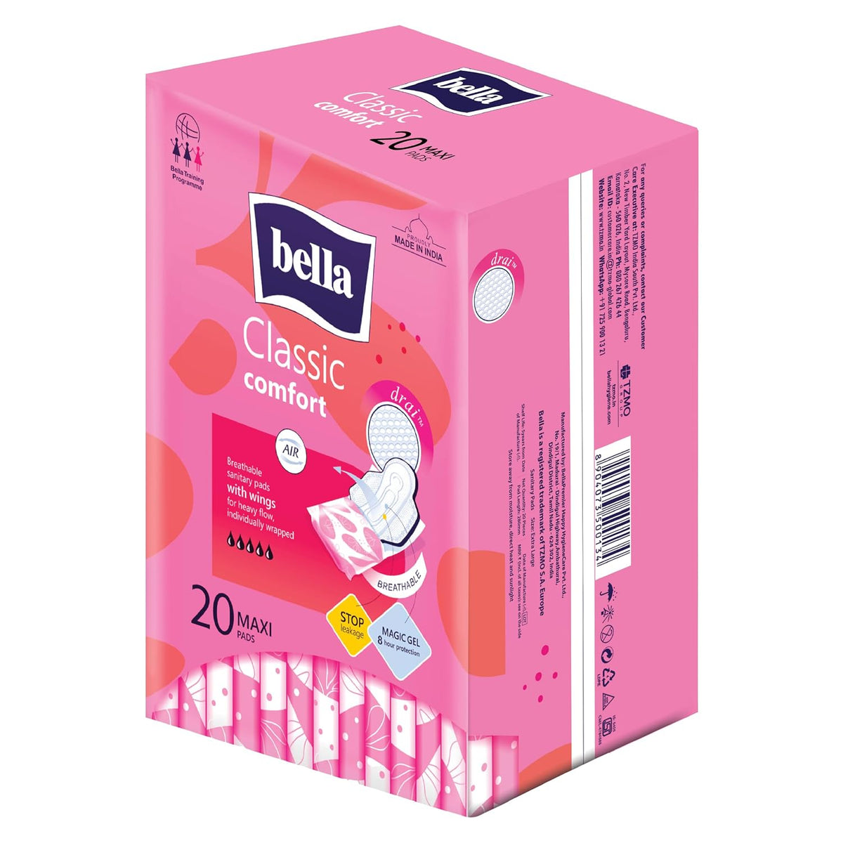 Bella Classic Comfort Maxi Drai Sanitary Pads XL - 20pcs | Maximum Dryness | 28 Cm Long With Wings | Rash Free Period | Suitable For Heavy Flow | Disposable Wra