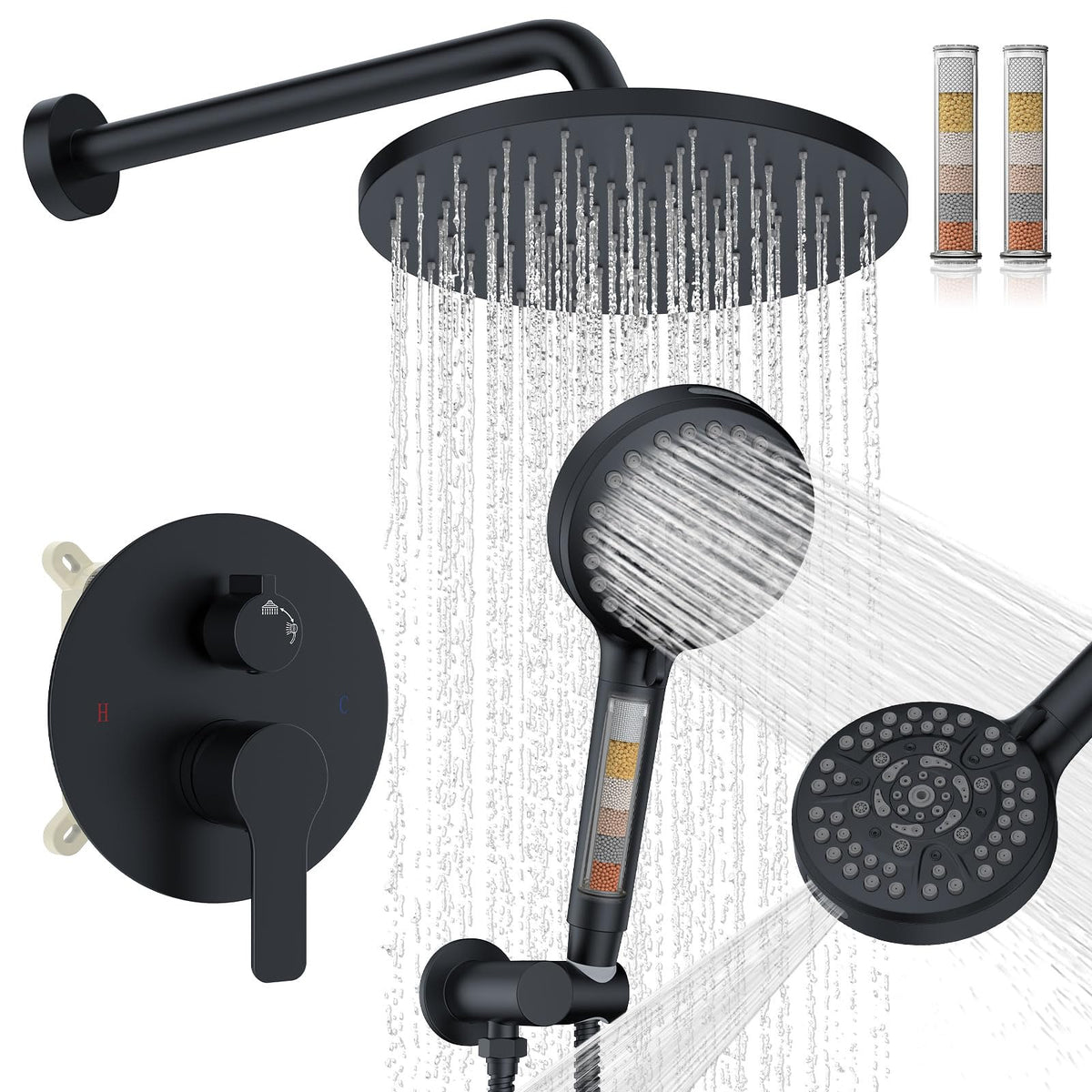 Iriber Mattle Black Round Rain Shower System Faucet Set，Filtered Shower Head with Handheld, Modern Bathroom 9 Spray Mode Showerhead with Filters,Shower Valve Tr