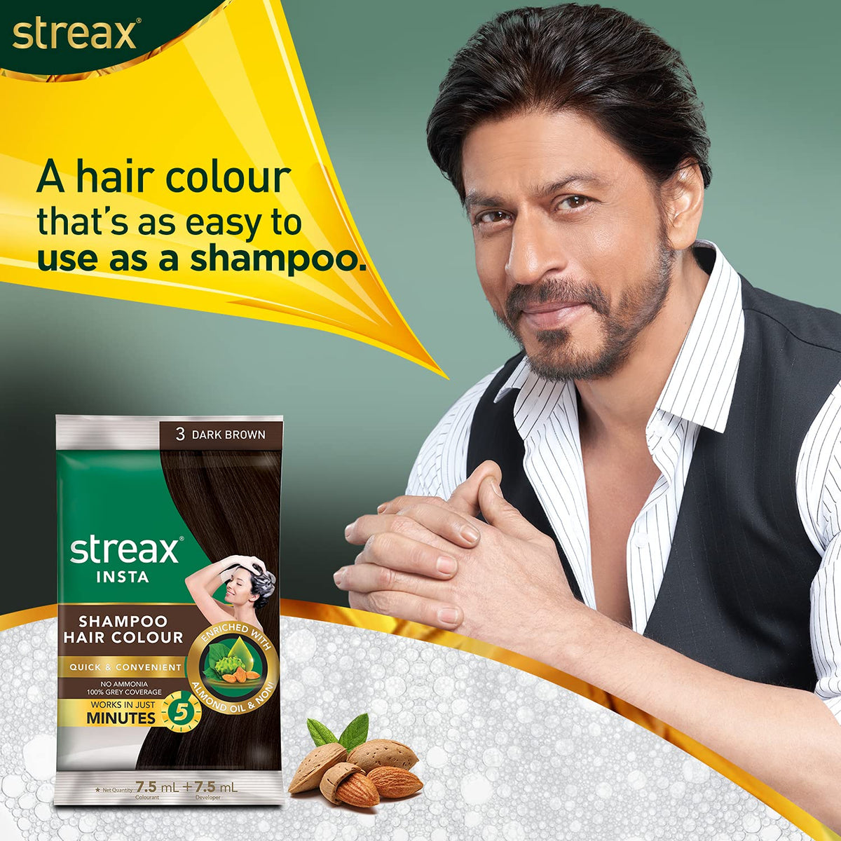 Streax Insta Shampoo Hair Colour for Men & Women, Dark Brown, 18ml (Pack of 8) | Enriched with Almond Oil & Noni Extracts | Long-Lasting Instant Colour