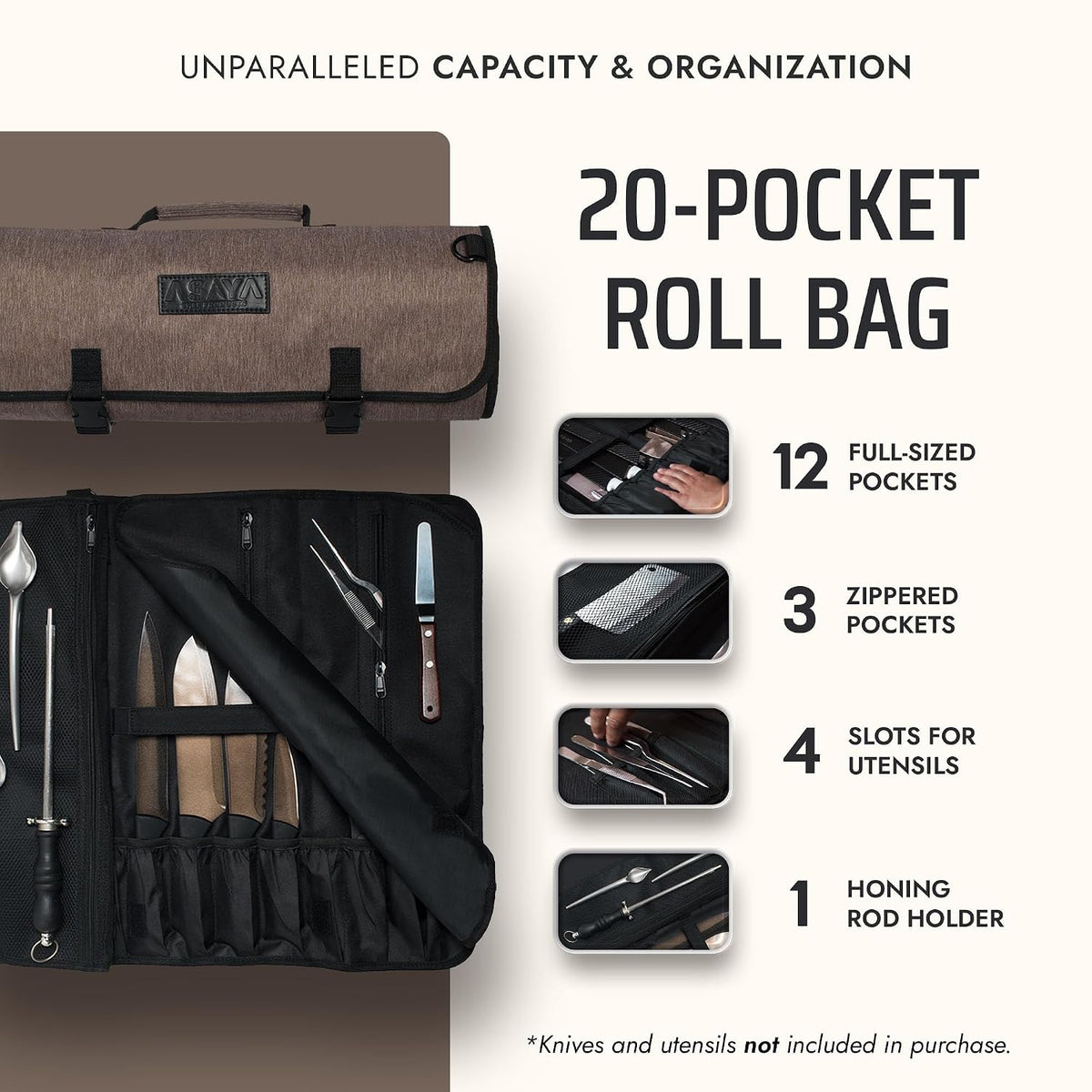Asaya Waxed Nylon Chef Knife Roll Bag with 20 Slots and Zippered Pockets - Professional Chef Knife Bag & Storage Case, Tool Carrier with Shoulder Strap - Knives